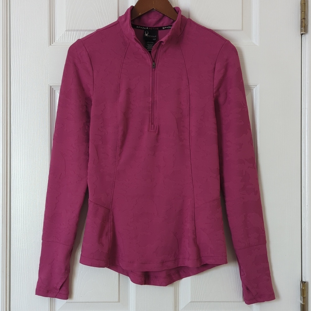 Spyder Active Camo Jacquard Knit Quarter Zip Long Sleeve Thumbhole Top Fuchsia S